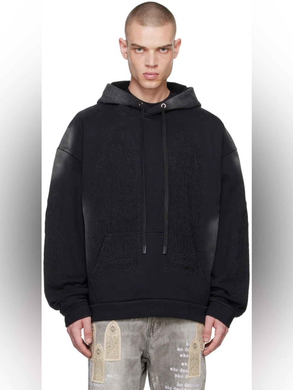 WHO DECIDES WAR Men's Washed Black Crewneck Hoodie with Subtle Embroidery